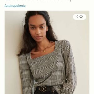 Anthropologie Hari Glen Plaid Puff Sleeves Top Square Neck L Pop Over Black Grey